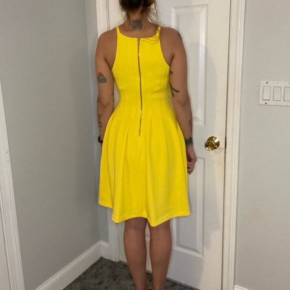Calvin Klein Yellow Pleated Skater Dress with High Neckline - Picture 7 of 14